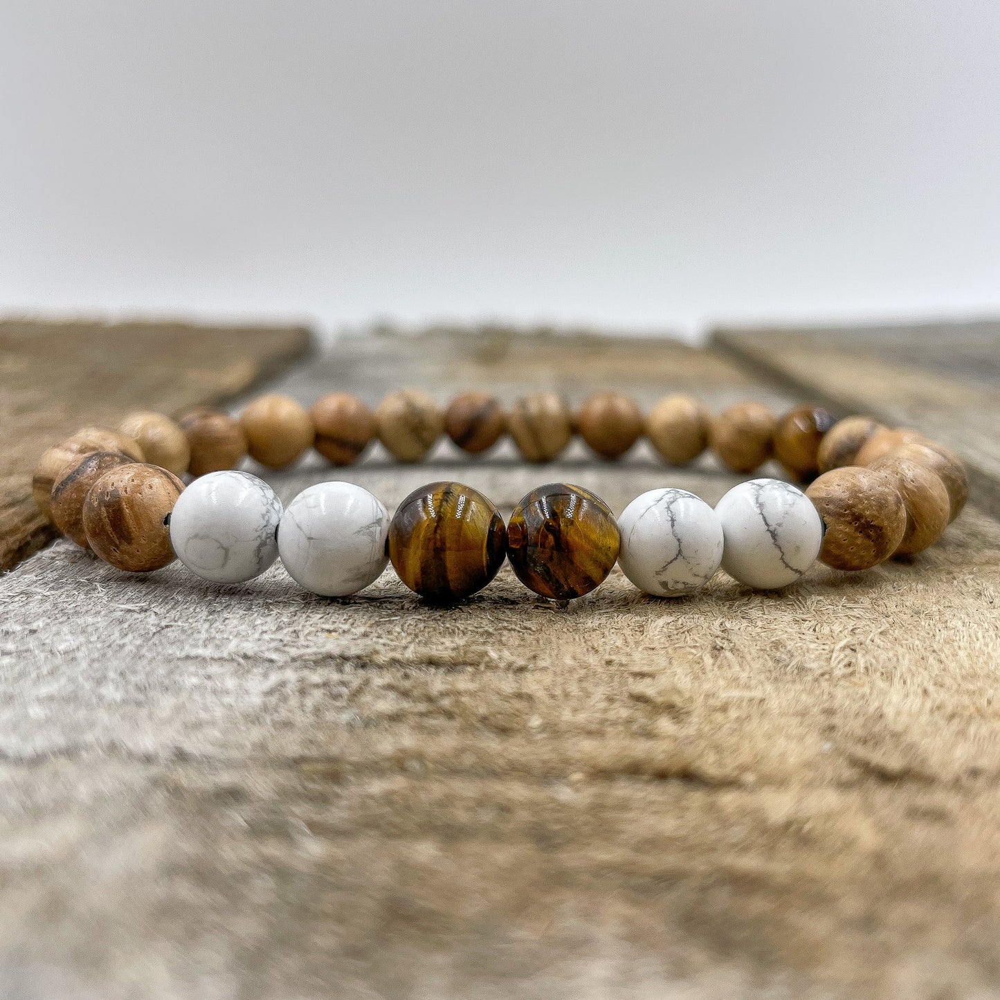 Central - Tigers Eye, White Howlite, & Sandalwood Mala Beaded Bracelet