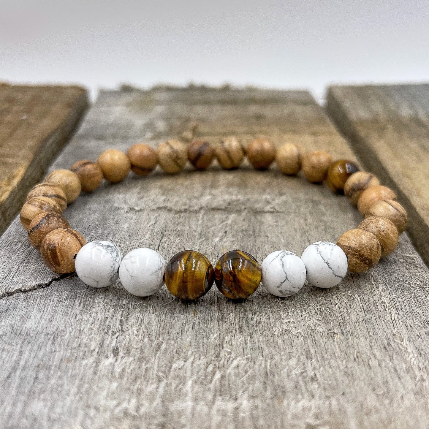 Central - Tigers Eye, White Howlite, & Sandalwood Mala Beaded Bracelet