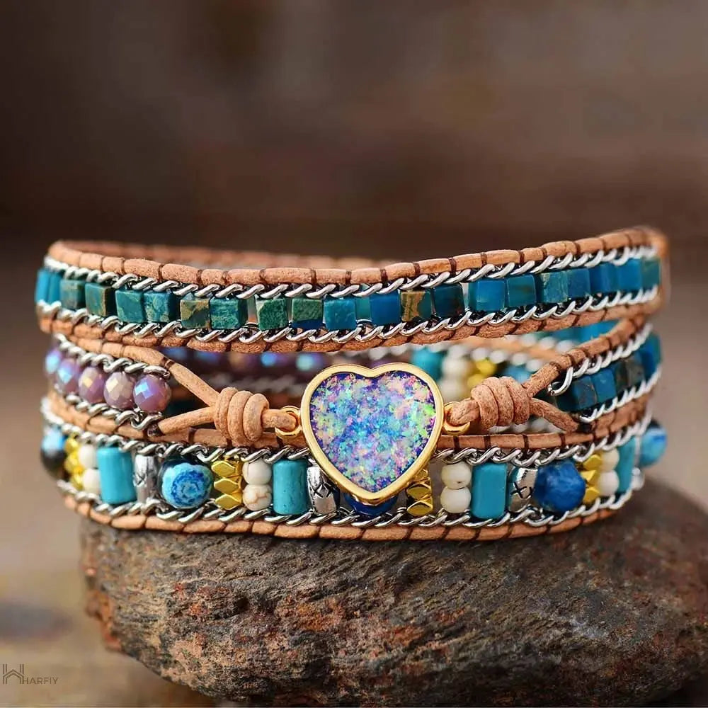 Blue Heart Opal Leather  Bracelet