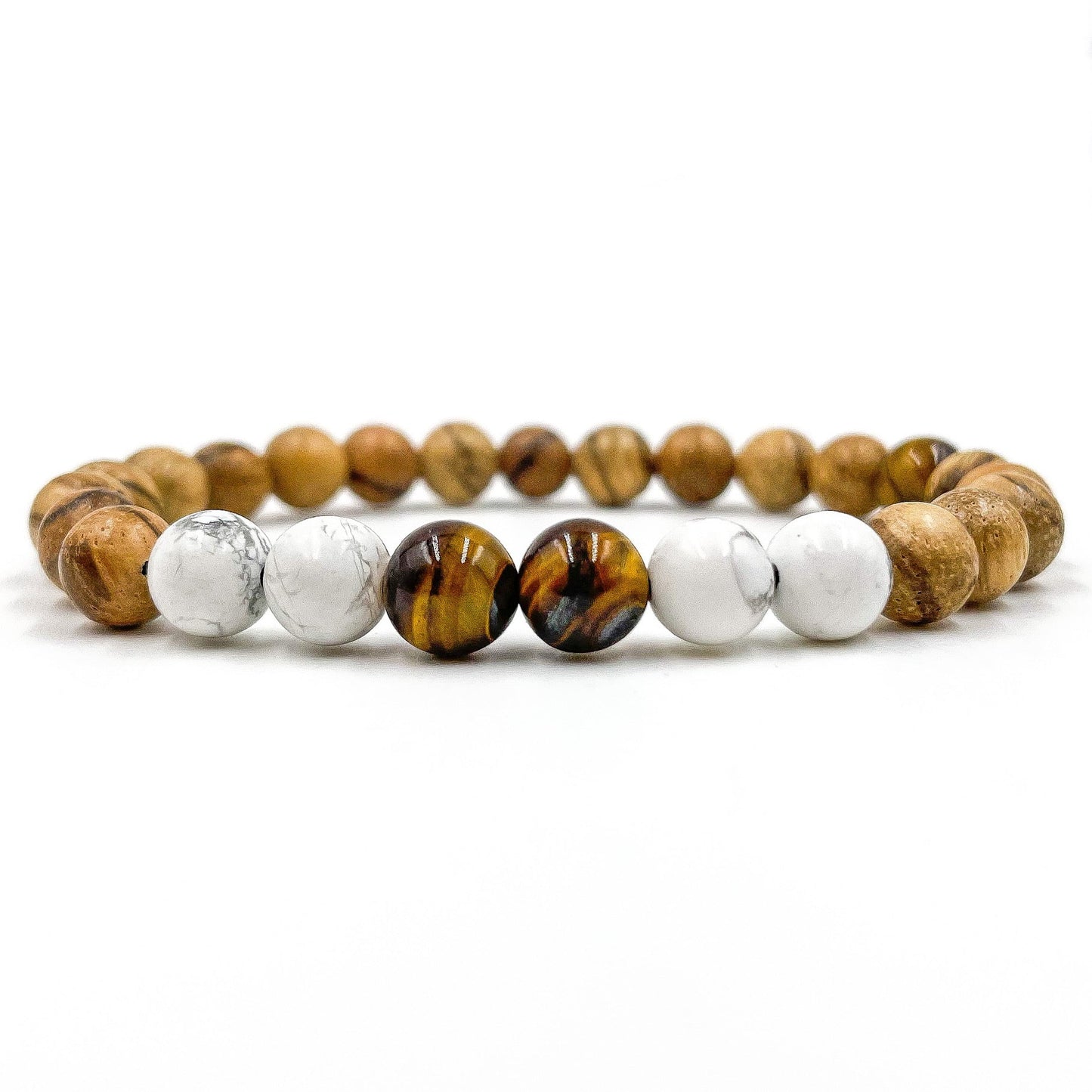 Central - Pulsera con cuentas de ojo de tigre, howlita blanca y mala de sándalo