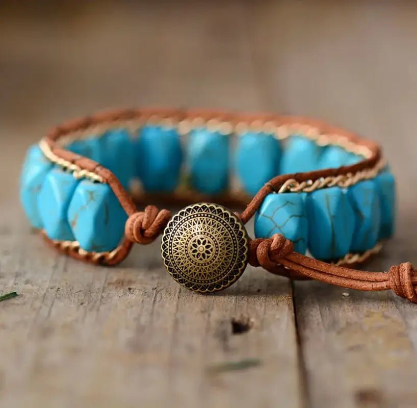 Pulsera Boho Turquesa Cadena Dorada