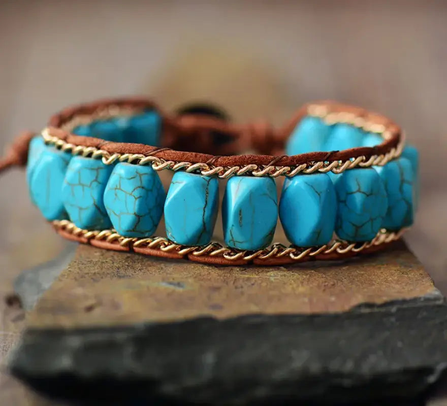 Pulsera Boho Turquesa Cadena Dorada